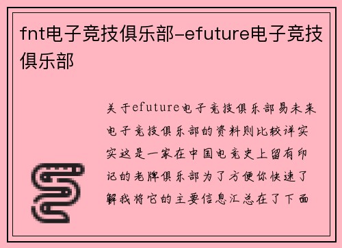 fnt电子竞技俱乐部-efuture电子竞技俱乐部